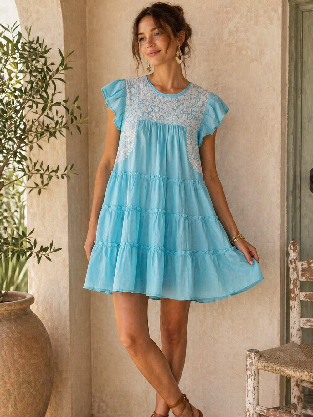 NWT J.MARIE Women’s Mini Dress Tiered Embroidered Floral Rayon JM2694 MEDIUM‎